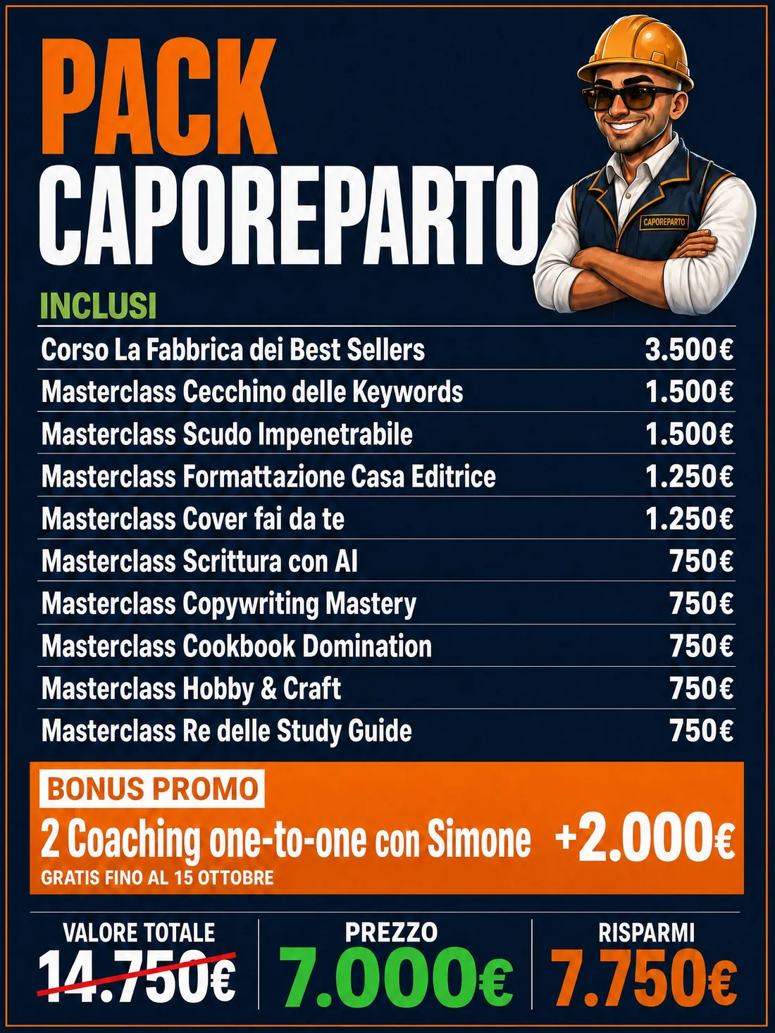 Pack Capo Reparto. Inclusi: corso La Fabbrica dei Best Sellers e tutte le 9 masterclass; non inclusi nel Pack Operaio: le altre 7 masterclass e le 2 coaching, più bonus promo 2 coaching one-to-one con Simone da 2.000 euro. Valore totale 14.750 euro, prezzo 7.000 euro, risparmi 7.750 euro.